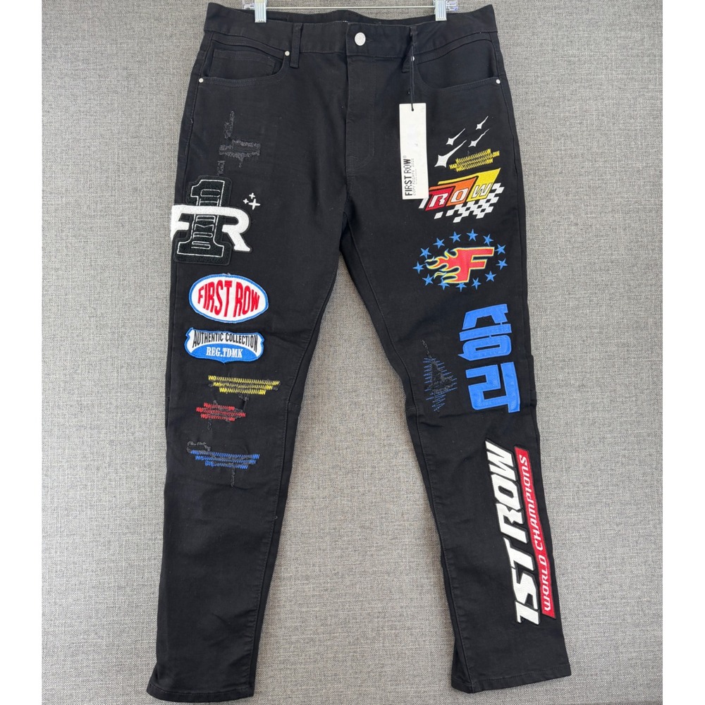 First Row Racing Slim Jeans Black Mens 38 FRD2235S Patched Streetwear Denim